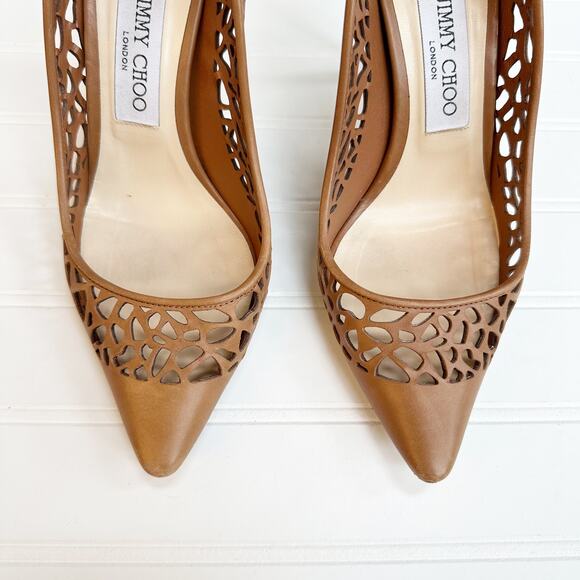 Jimmy Choo Romy 100 Brown Laser Cut Leather Pumps Heels Perforated Canyon 37 - Picture 3 of 14